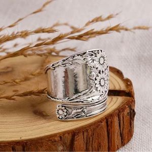 Retro daisy spoon ring 925 silver plated adjustable